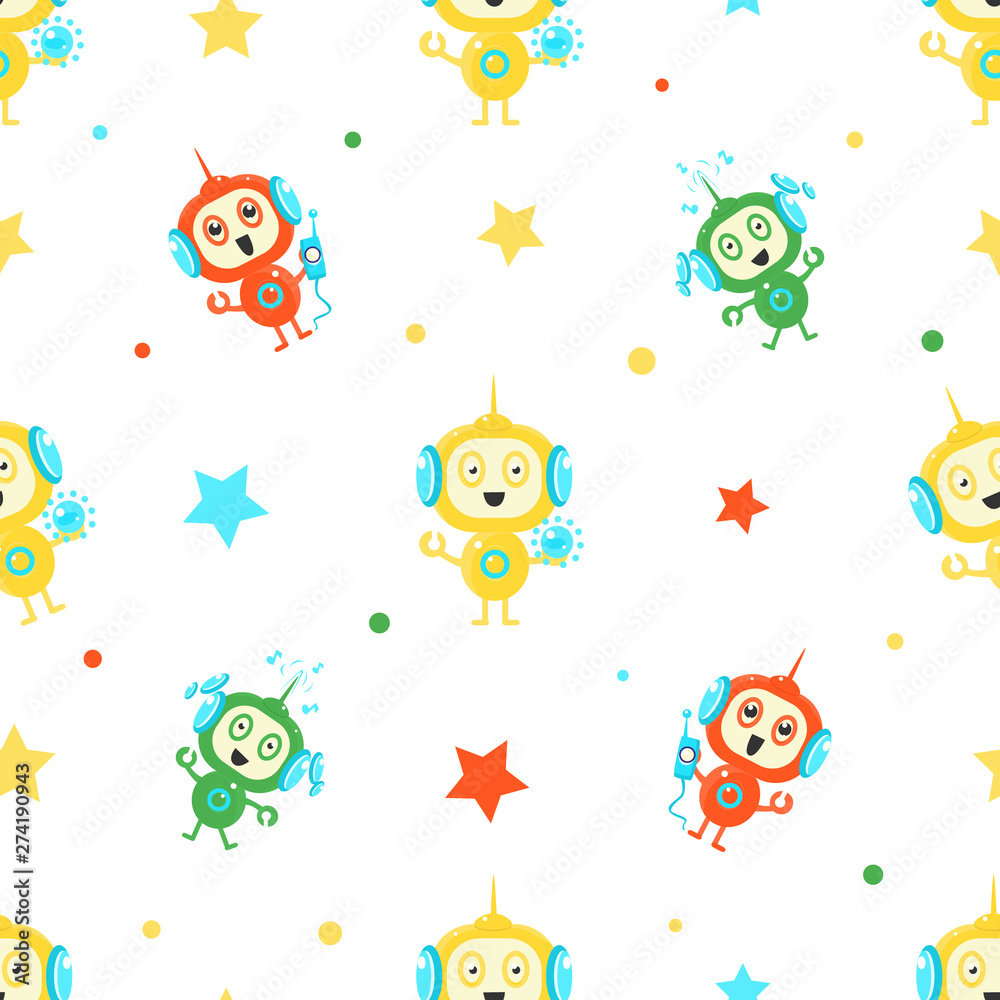 Cute Funny Robots Seamless Pattern, Friendly Alien or Robot Design Element Can Be Used for Fabric, Wallpaper, Packaging Vector Illustration Cute Funny Robots Seamless Pattern, Friendly Alien or Robot Design Element Can Be Used for Fabric, Wallpaper, Packaging Vector Illustration