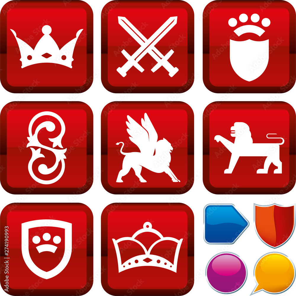 Vector illustration. Set of medieval icons on square buttons. Geometric style.