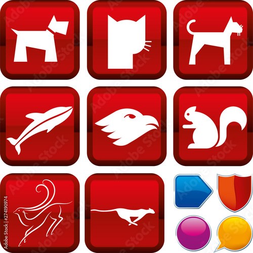 Vector illustration. Set of animal icons on square buttons. Geometric style.