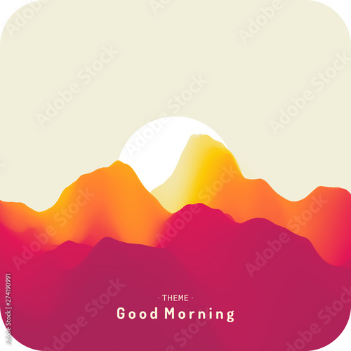 Landscape with mountains and sun. Sunset. Mountainous terrain. Abstract background. Vector illustration.