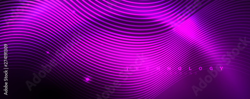 Shiny neon lights  dark abstract background with blurred magic neon light curved lines