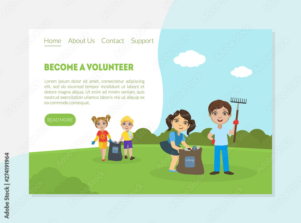 Become a Volunteer Banner, Landing Page Template, Children Gathering Garbage and Plastic Waste for Recycling, Environmental Protection Vector Illustration,