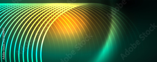 Shiny neon lines template - northern lights glowing blur lines. Futuristic style glow neon 80s disco club or night party techno template