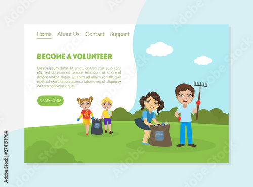 Become a Volunteer Banner, Landing Page Template, Children Gathering Garbage and Plastic Waste for Recycling, Environmental Protection Vector Illustration,