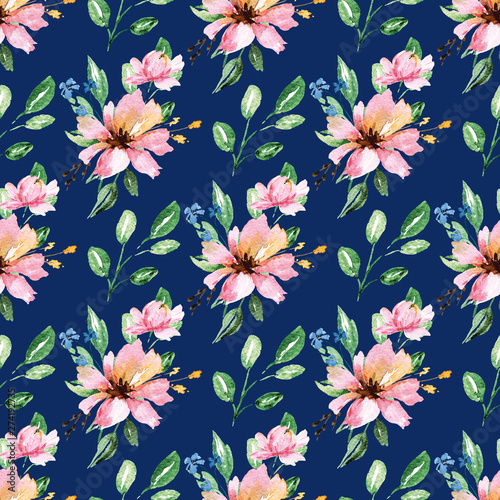 Seamless background, floral pattern with watercolor flowers. Repeating fabric...