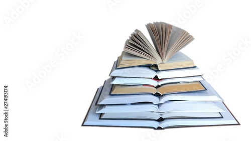 pyramid of opened books on white background
