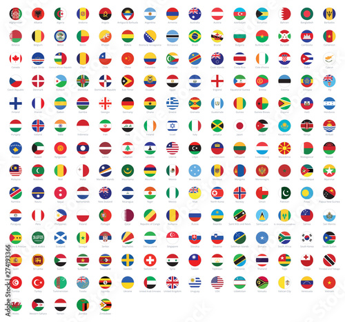 All national flags of the world with names. Rounded flags, circular design. High quality vector flag isolated on white background