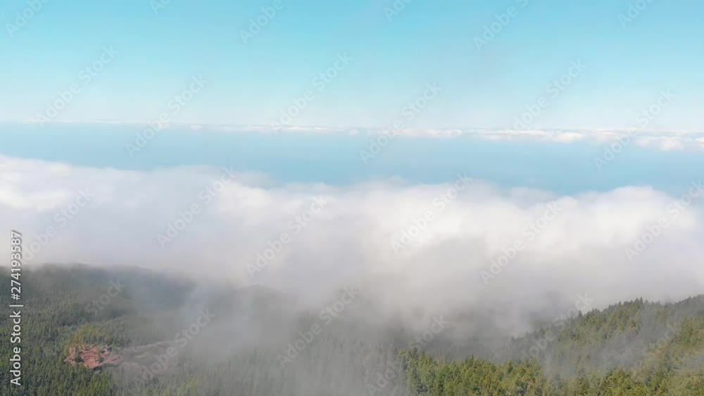 Drone flies through the clouds above a thick green forest. Lots of clouds over the valley. Tenerife Island, Spain Drone flies through the clouds above a thick green forest. Lots of clouds over the valley. Tenerife Island, Spain