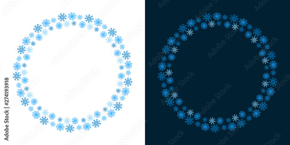 Snowflake round frame on white and blue background. Vector illustration. Can be used for greeting card, invitation, banner, web Snowflake round frame on white and blue background. Vector illustration. Can be used for greeting card, invitation, banner, web