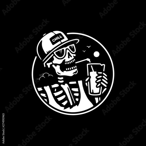 SKELETON WITH CAP AND COCKTAIL BADGE WHITE BLACK BACKGROUND