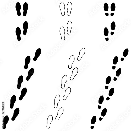 Foot prints icon set. Male shoes imprints, silhouette, trails.