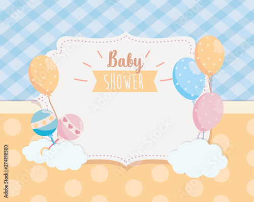 label of balloons with rattles and clouds decoration