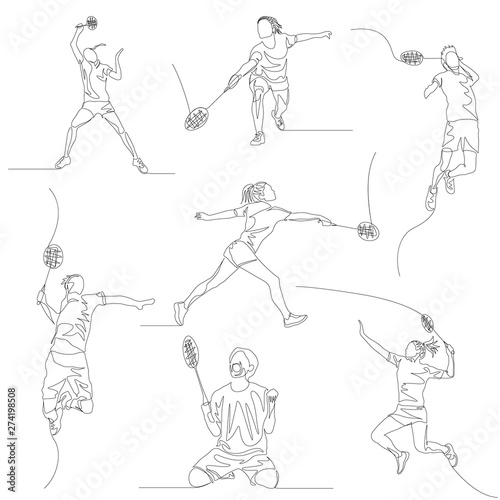 Continuous one line badminton player set. Summer Olympic Games. Vector