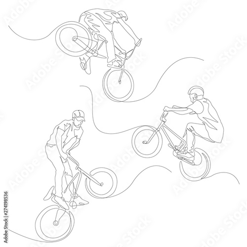 Continuous one line BMX cyclist set. Summer Olympic Games. Vector