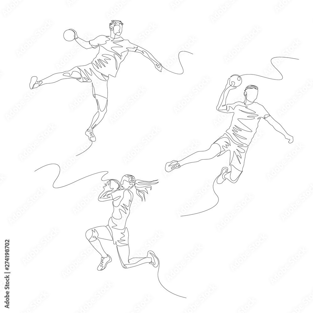 Continuous one line handball player set. Summer Olympic Games. Vector