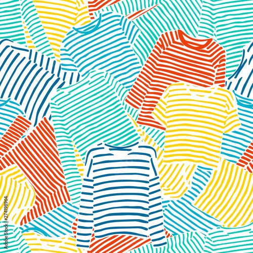 Hand drawn blue. orange and yellow striped longsleeve t-shirts seamless pattern.