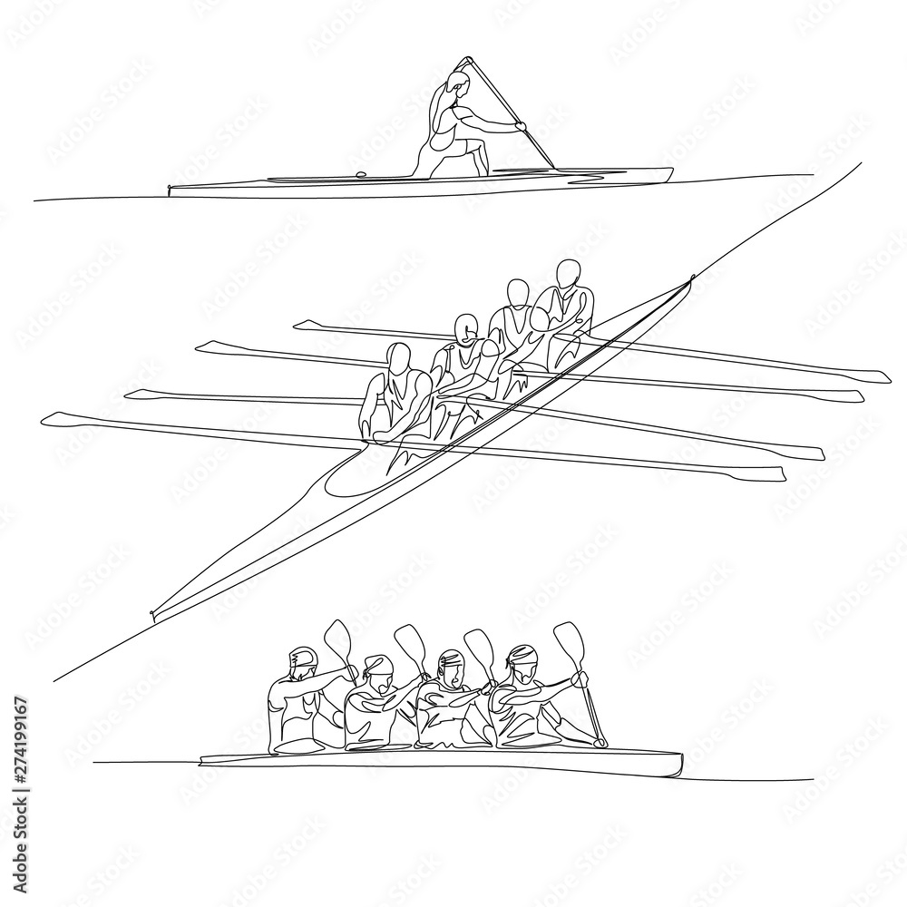 Obraz premium Continuous one line rowing or crew sport set. Summer Olympic Games. Vector