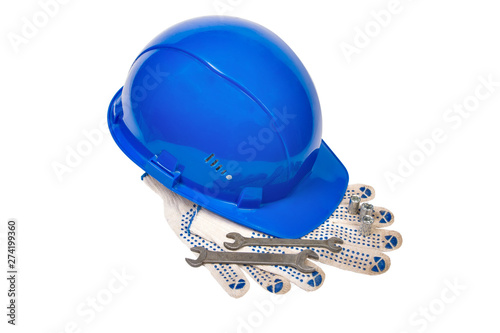 blue helmet gloves and wrenches isolated on white background photo