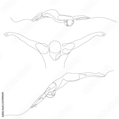 Continuous one line swimmer set. Swimming theme. Summer Olympic Games. Vector photo
