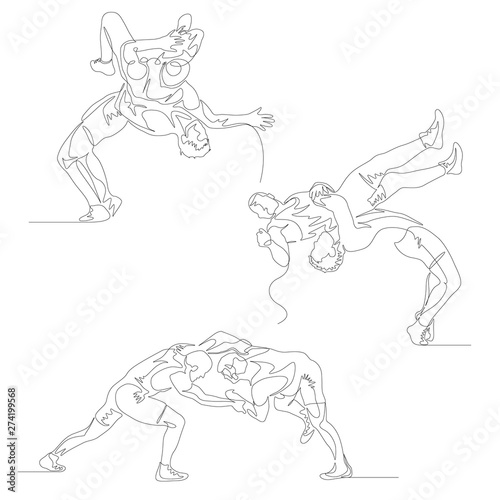Continuous one line wrestlers set. Wrestler doing suplex. Wrestling theme. Summer Olympic Games. Vector