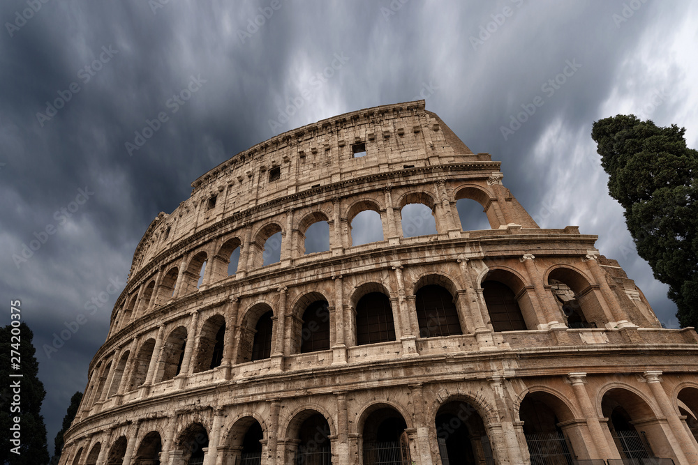 Rome Coliseum with cloudy sky. Amphitheatrum Flavium 72 a.D. Latium, Italy, Europe