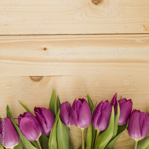 Fototapeta Naklejka Na Ścianę i Meble -  Tulips line on wooden background