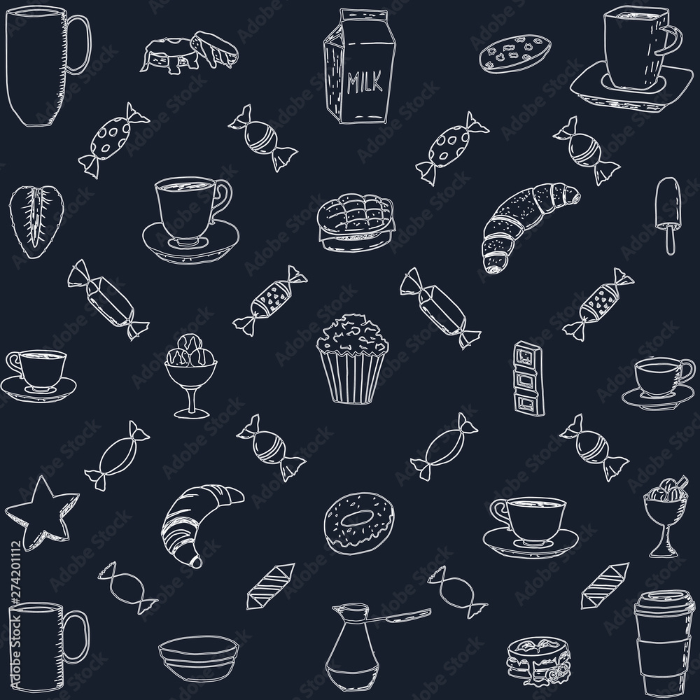 Hand-drawn vector doodle coffee. Useful for packaging, Menu design and interior decoration. Illustration on black background. Yummy. Drawn cup of coffee. Tea. Chalk board. White chalk. Hand-drawn vector doodle coffee. Useful for packaging, Menu design and interior decoration. Illustration on black background. Yummy. Drawn cup of coffee. Tea. Chalk board. White chalk.