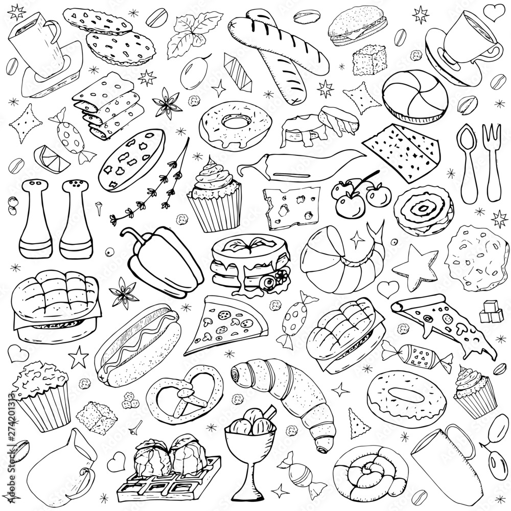 Vector background with breakfast, lunch, coffee pizza snacks. Useful for packaging, menu design and interior decoration. Hand drawn doodles.  Sketchy collection of food elements on white background.