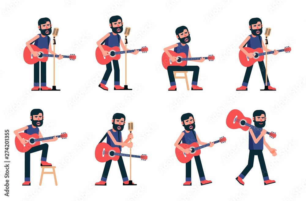Singer guitarist sings in various poses. Musician with acoustic guitar. Vector flat character. Singer guitarist sings in various poses. Musician with acoustic guitar. Vector flat character.