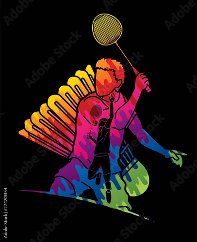 Badminton player action cartoon graphic vector