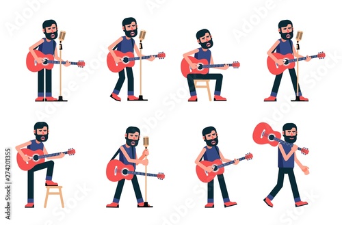 Singer guitarist sings in various poses. Musician with acoustic guitar. Vector flat character.