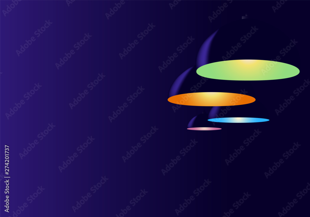 Abstract neon navy blue background. Four ceiling lighting fixture. Lamps hanging in cafe or above billiards desk. Pendant bulbs shine different cold colors green, pink, orange. Copy space, template. Abstract neon navy blue background. Four ceiling lighting fixture. Lamps hanging in cafe or above billiards desk. Pendant bulbs shine different cold colors green, pink, orange. Copy space, template.