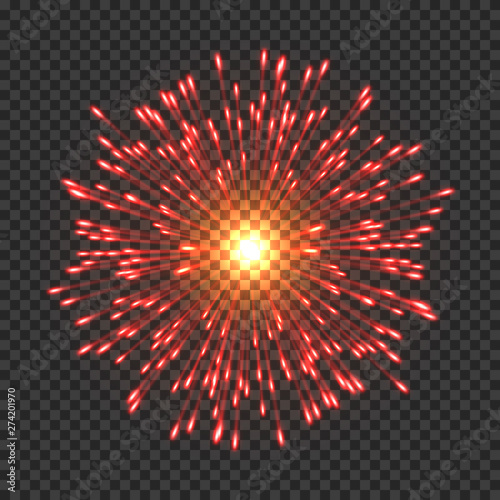 Festive fireworks with bright red sparks. Realistic single firework flash isolated on transparent background. Colorful vector element for posters decoration. Fantastic light performance in sky.