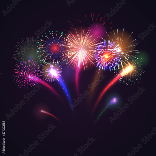 Fireworks festive background with brightly shining sparks. Colorful pyrotechnics show. Realistic fireworks celebration vector illustration with copy space. Beautiful light performance in night sky.