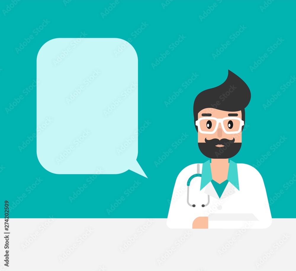 Smiling man doctor with stethoscope, table and bubble. Medical internet consultation. Smiling man doctor with stethoscope, table and bubble. Medical internet consultation.