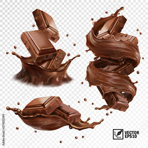 Foto 3D realistic vector set, horizontal and vertical splash of chocolate, cocoa or c