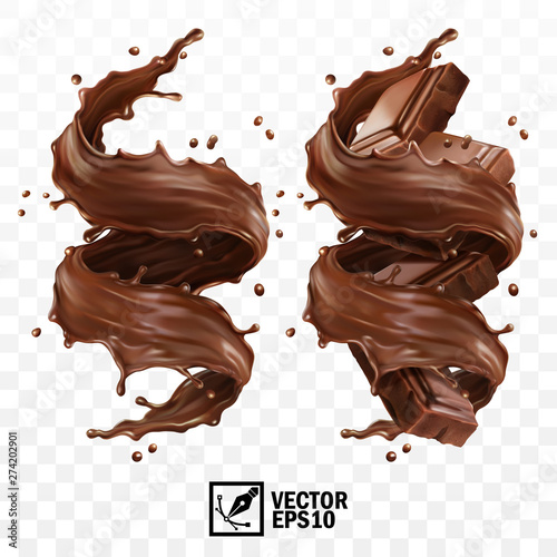 3D realistic vector set, vertical splash of chocolate, cocoa or coffee, pieces of chocolate bar, swirl