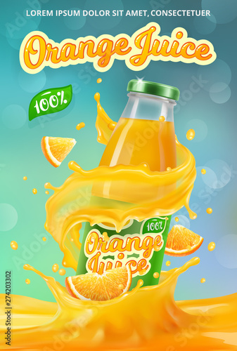 Vertical banner with 3D realistic advertising of orange juice, a bottle in a splash of orange juice among the splashes and a logo