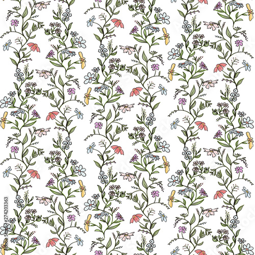 Digital hand drawn sketch illustration seamless pattern background with two floral elements isolated on white