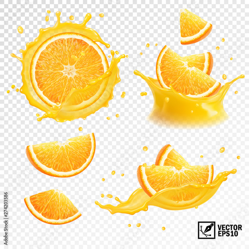 3D realistic set of isolated different vector splashes of orange juice with slices and slices of orange fruit