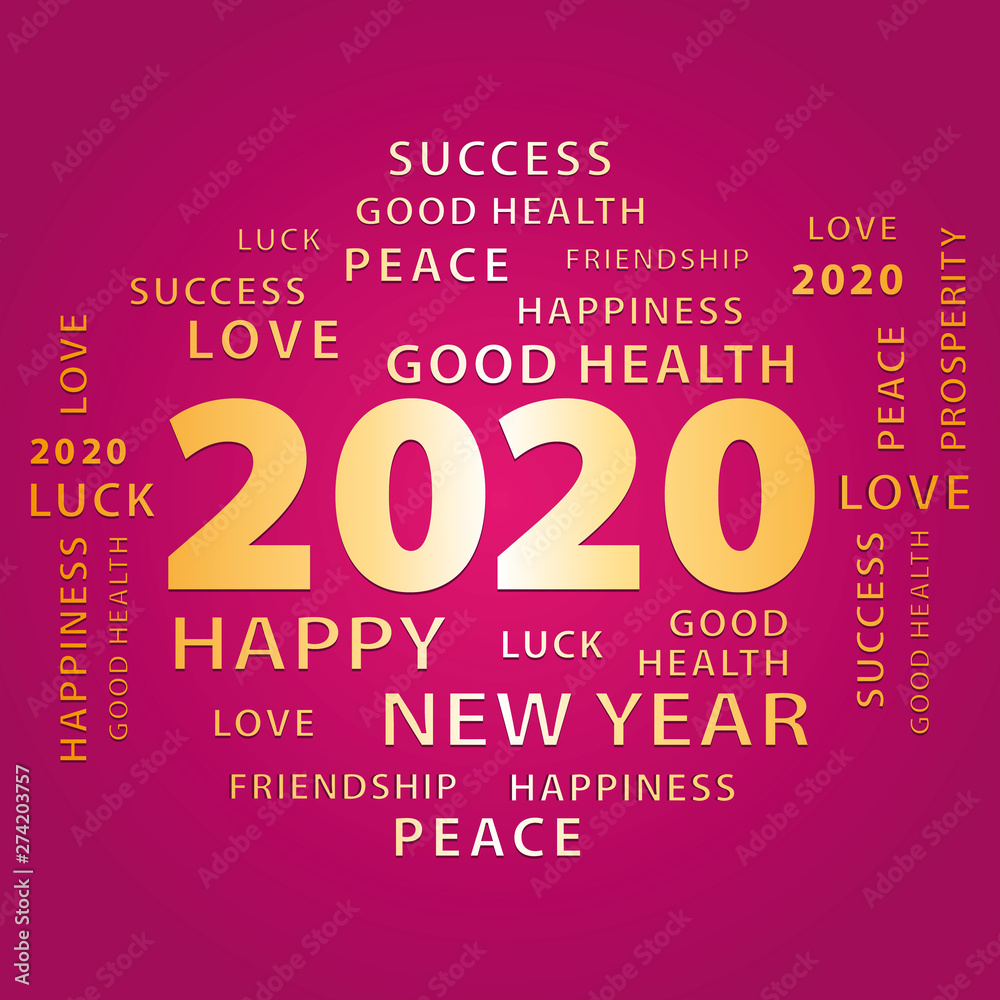 2020 Happy New Year blue and gold greeting card. Vector illustration.	