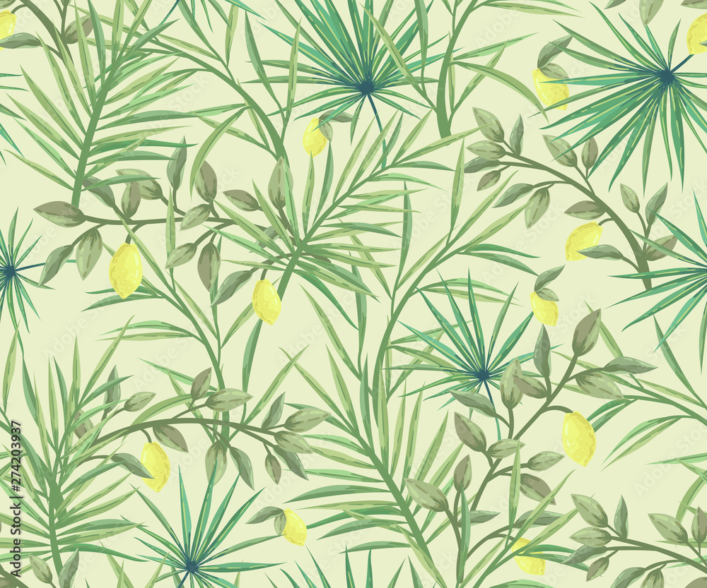 seamless pattern with palm leaves and lemons