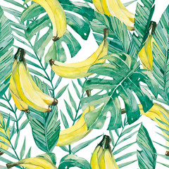 Papier peint photo Fruits aquarelle patrons Bananes feuilles tropicales aquarelle estivale  © Anna