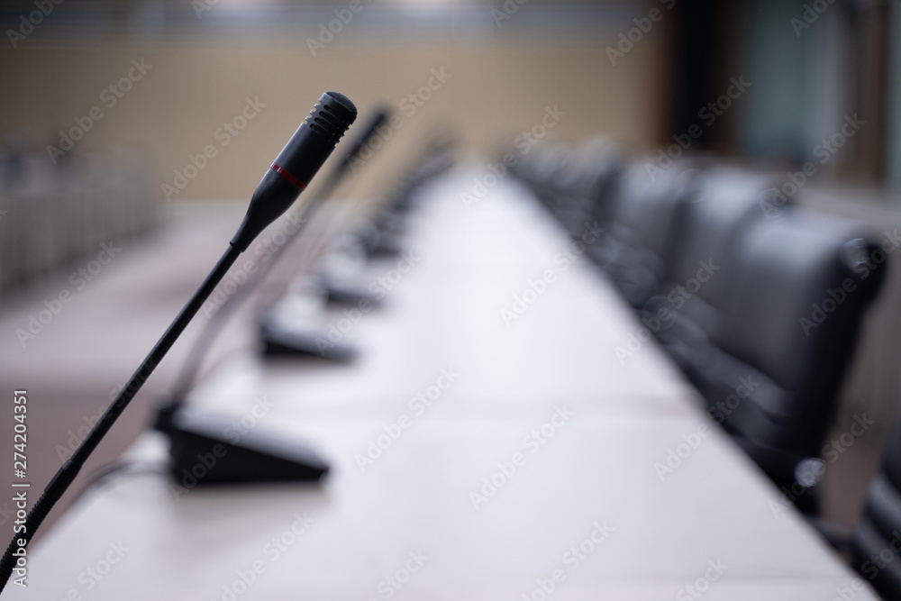 The microphone in the meeting room is empty before the meeting starts. The microphone in the meeting room is empty before the meeting starts.