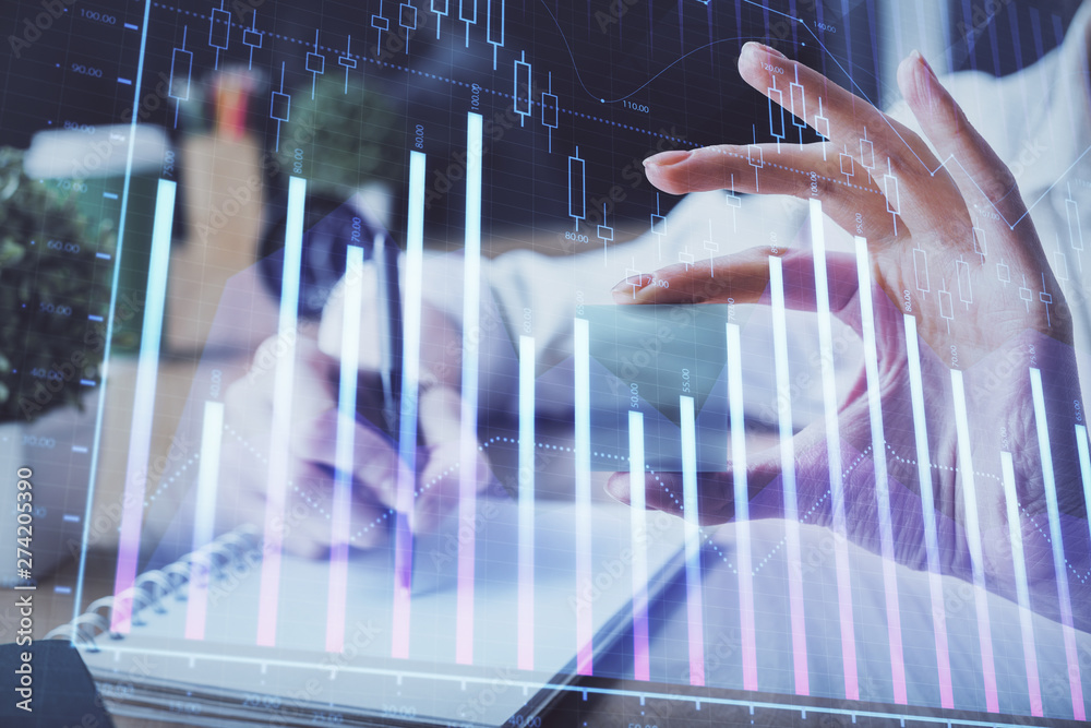 Forex chart displayed on woman's hand taking notes background. Concept of research. Multi exposure Forex chart displayed on woman's hand taking notes background. Concept of research. Multi exposure