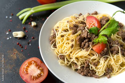 pasta with meat sauce and tomato, celery,