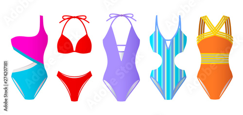 Set of women swimsuits, colorful bikini and monokini, beach clothes