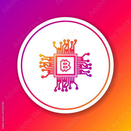 Color CPU mining farm line icon isolated on color background. Bitcoin sign inside processor. Cryptocurrency mining community. Digital money. Circle white button. Vector Illustration