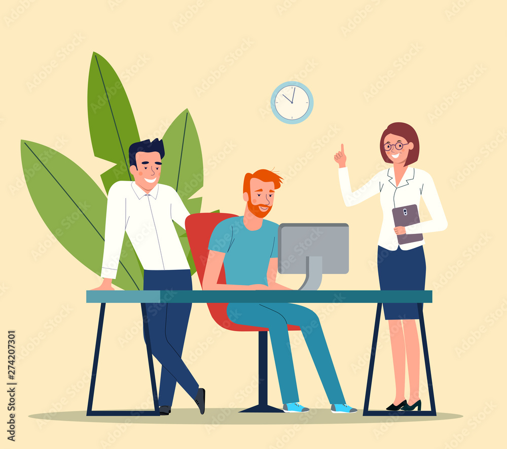 Group of young business people working and communicating while sitting at the office desk. Vector flat style illustration