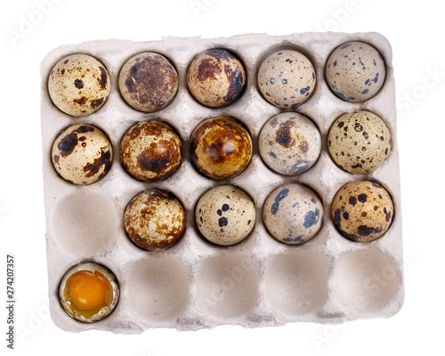 Quail eggs in cardboard packaging isolated on white background. Top view.